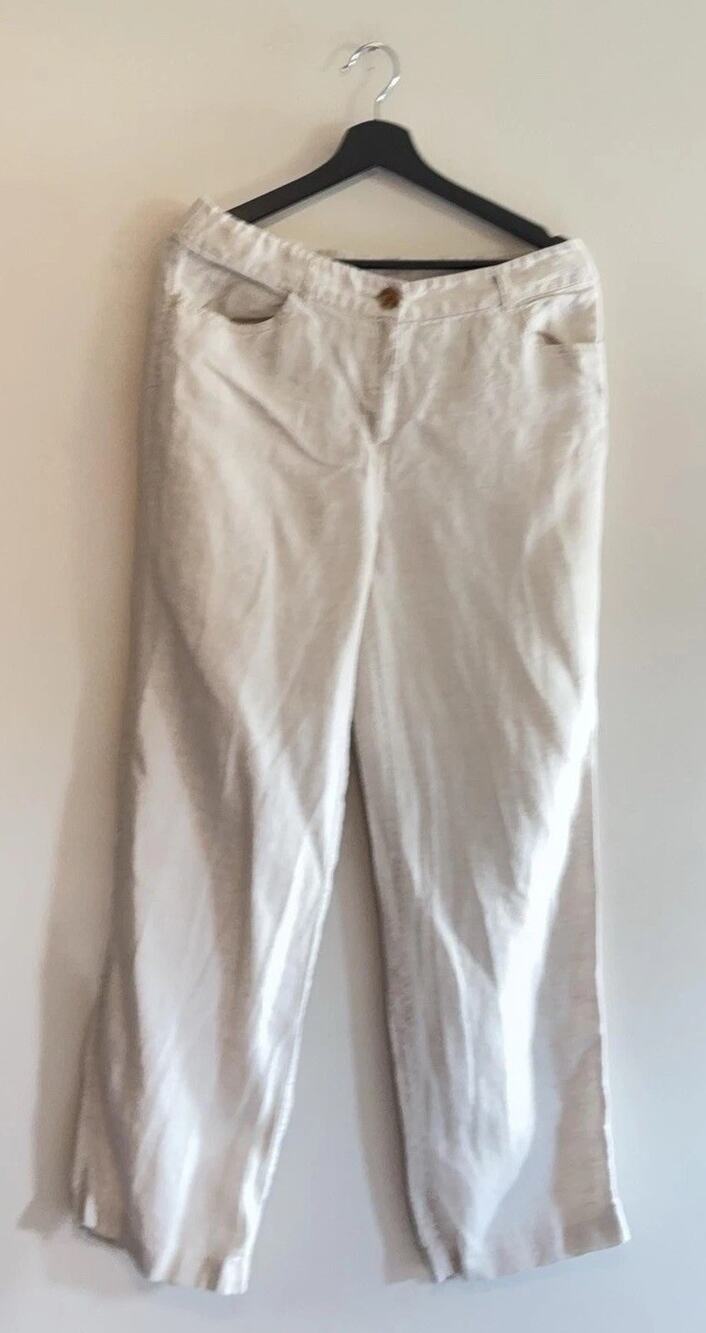 Chico's Linen Pants Womens 10 Beige Elastic Waist Relaxed Khakis Summer Travel